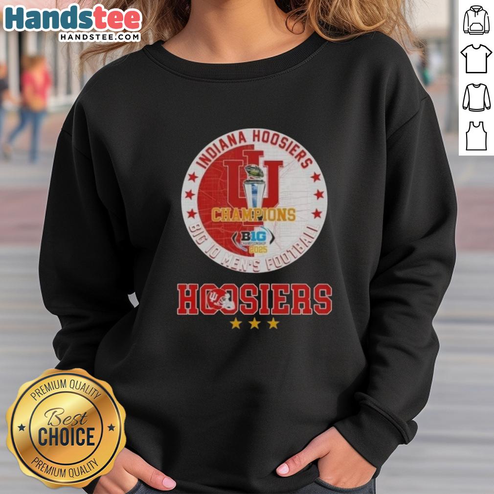 Alt Text: Official 2025 Big 10 Men's Football Champions Indiana Hoosiers sweatshirt featuring team logo and vibrant colors.