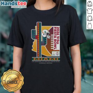 Alt Text: Official 2026 Vrbo Fiesta Bowl Miami Hurricanes CFP Semifinal Prick 6 Ladies Tee showcasing team spirit and style.
