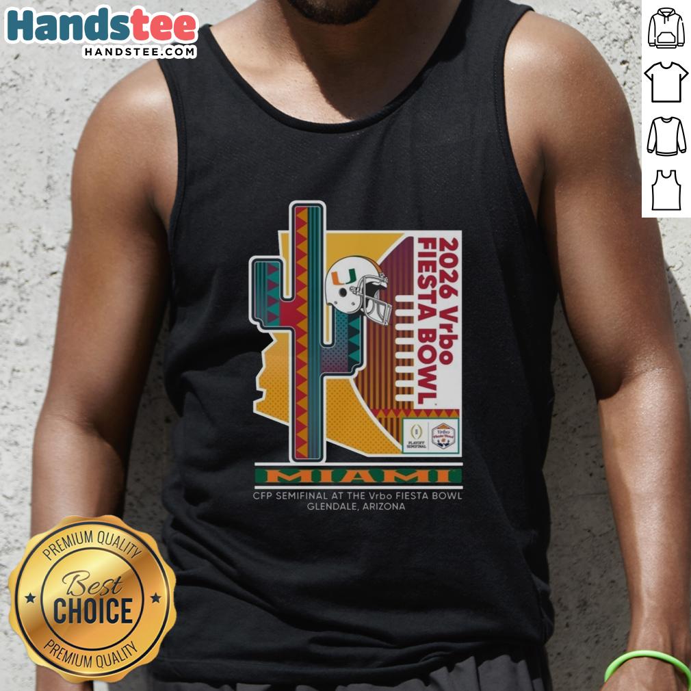 Official 2026 Vrbo Fiesta Bowl Miami Hurricanes CFP Semifinal Prick 6 tank top featuring vibrant team colors and logo.