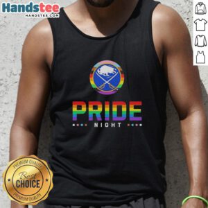 Official Buffalo Sabres Pride Night tank top featuring vibrant colors and team logo, celebrating inclusivity.
