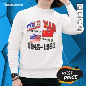 Alt Text: Official Cold War 1945-1991 sweatshirt featuring vintage graphics and a comfortable fit, perfect for history enthusiasts.