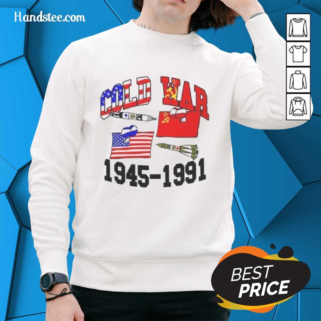 Alt Text: Official Cold War 1945-1991 sweatshirt featuring vintage graphics and a comfortable fit, perfect for history enthusiasts.
