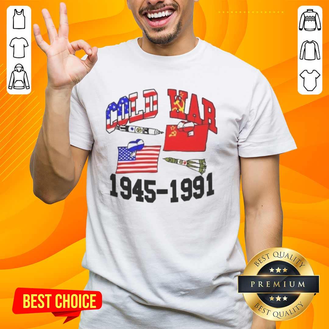 Alt Text: Official Cold War 1945-1991 T-Shirt featuring vintage graphics and historical references to the Cold War era.