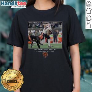 Alt Text: Official Colston Loveland Chicago Bears NFL Flash Features Week 9 Ladies Tee in team colors, perfect for fans.