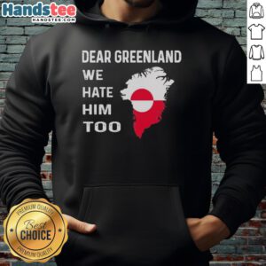 Official Dear Greenland We Hate Him Too political protest hoodie displayed on a model at a rally.