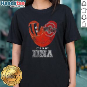 Official Cincinnati Bengals X Ohio State Buckeyes 'It's In My DNA' ladies tee featuring vibrant team colors and logos.