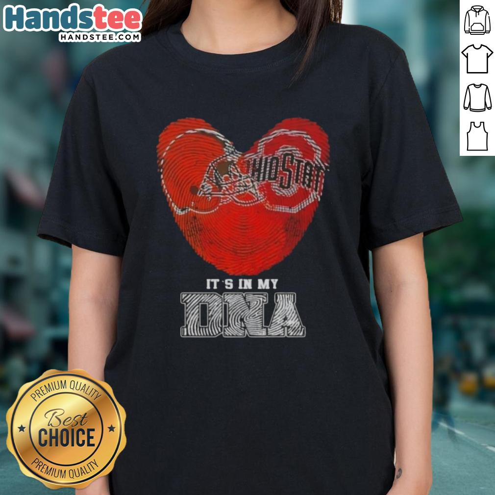 Official Fingerprints Cleveland Browns X Ohio State Buckeyes It's In My DNA Ladies Tee showcasing team spirit and style.