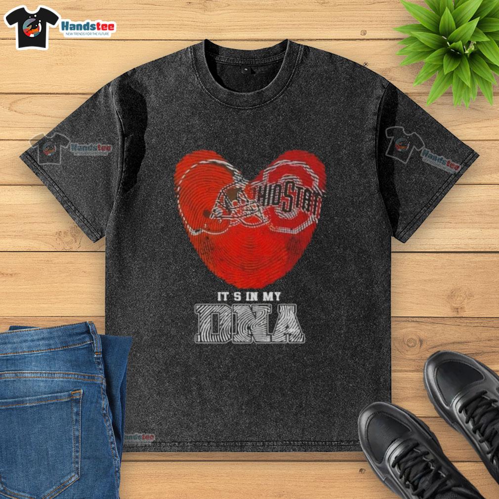 Official Cleveland Browns X Ohio State Buckeyes It's In My DNA washed t-shirt design featuring vibrant colors and logos.