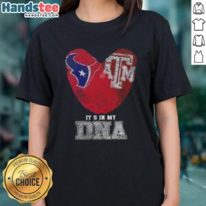 Official Houston Texans X Texas A&M Aggies ladies tee featuring 'It's In My DNA' design and unique fingerprint graphics.