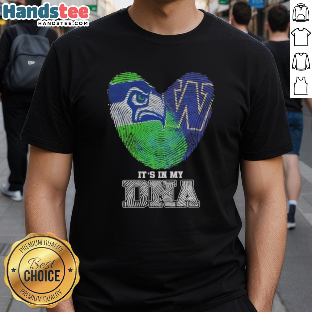 Official Fingerprints Seattle Seahawks X Washington Huskies T-Shirt featuring 'It's In My DNA' design for fans.