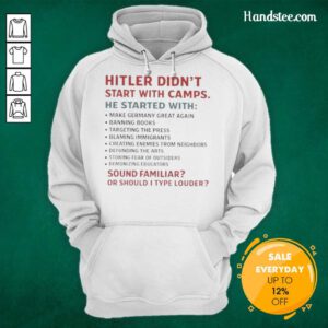 Official Hitler Didn't Start With Camps Hoodie featuring a provocative slogan on a stylish black sweatshirt.
