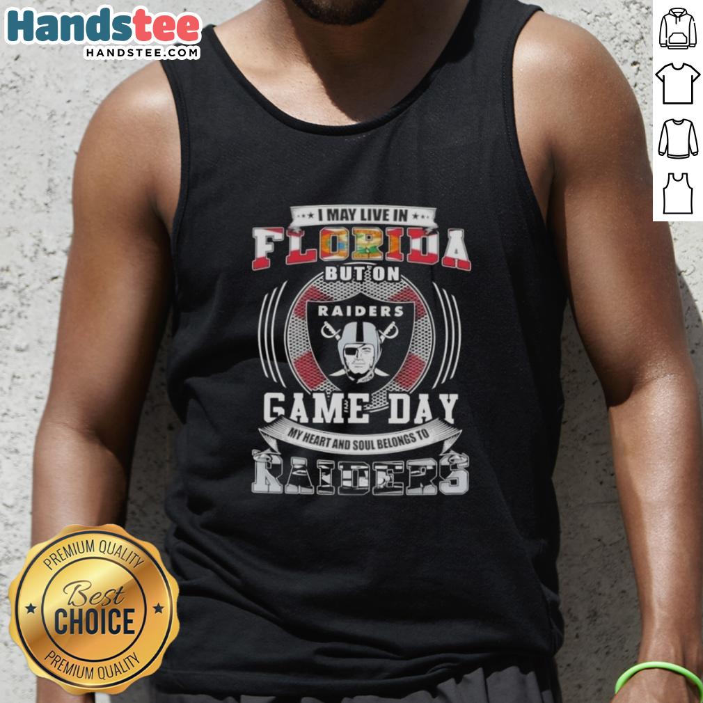 Tank top featuring 'I May Live In Florida, But My Heart Belongs To Las Vegas Raiders' for football fans.