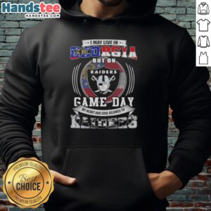 Official I May Live In Georgia But On Game Day hoodie showcasing Las Vegas Raiders football pride and team spirit.