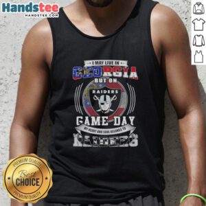 Stylish tank top featuring 'I May Live In Georgia But On Game Day My Heart Belongs To Las Vegas Raiders Football' design.