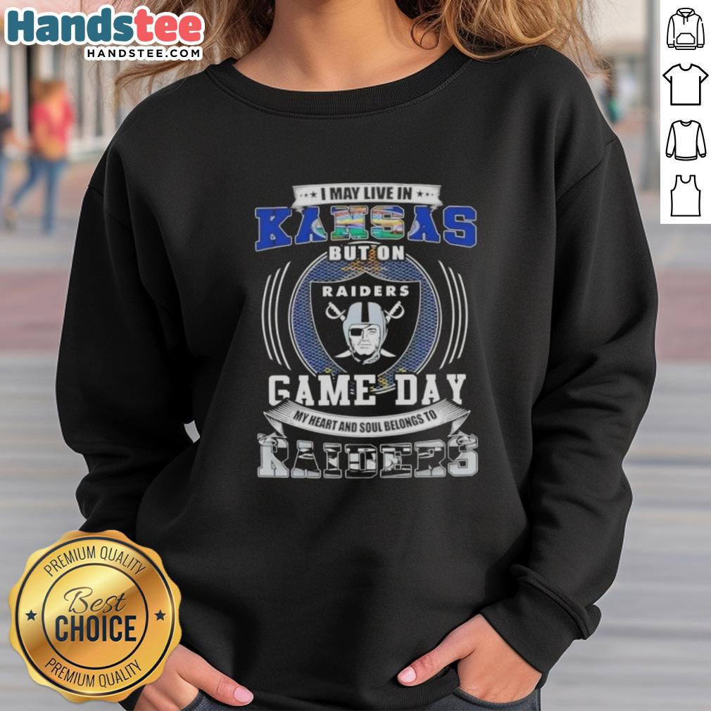 Kansas sweatshirt featuring 'On Game Day, My Heart Belongs to Las Vegas Raiders' for passionate football fans.