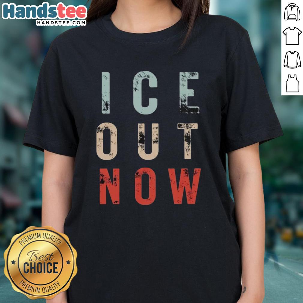 Official Ice Out Now Minneapolis Rally Abolish ICE ladies tee, featuring bold graphics promoting immigration reform.