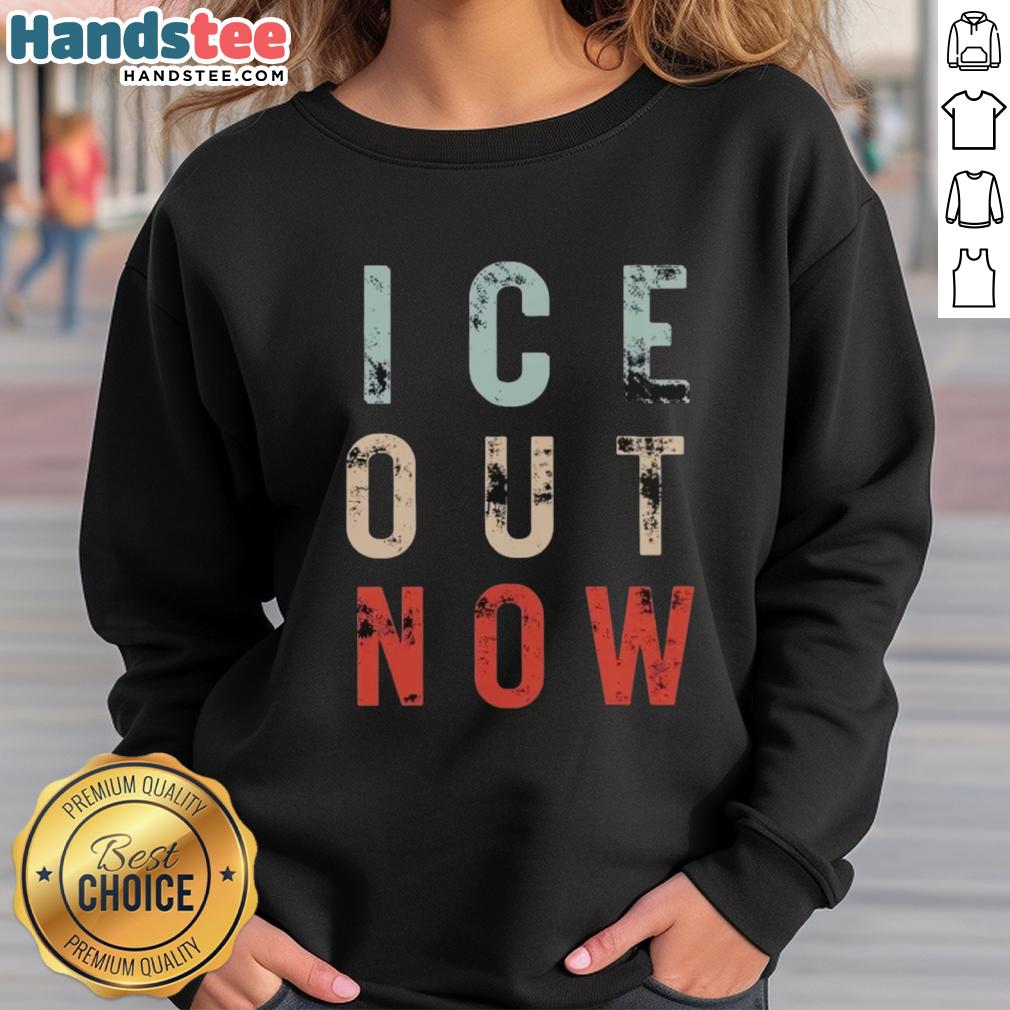 Official Ice Out Now Minneapolis Rally sweatshirt promoting the Abolish ICE movement, featuring bold graphics and vibrant colors.
