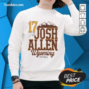 Alt Text: Official Josh Allen Wyoming Cowboys Football sweatshirt featuring a mountain design and signature.