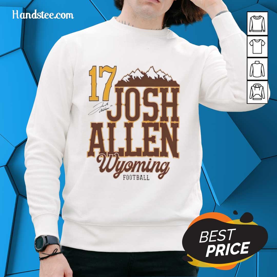 Alt Text: Official Josh Allen Wyoming Cowboys Football sweatshirt featuring a mountain design and signature.