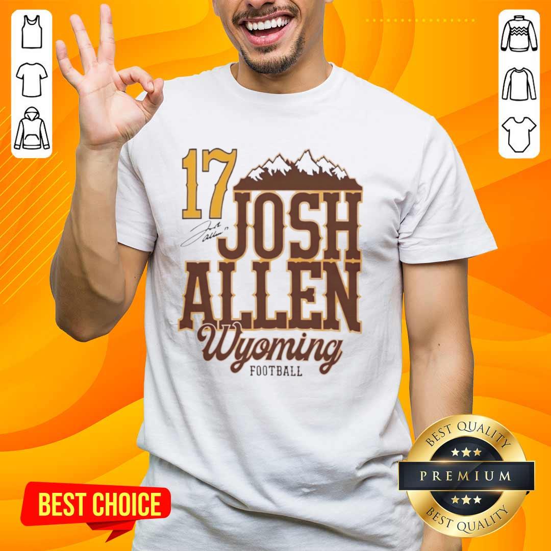 Official Josh Allen 17 Wyoming Cowboys Football T-Shirt featuring a mountain design and signature, perfect for fans.