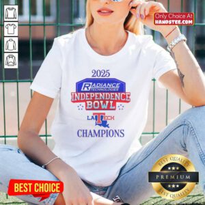 Alt Text: Official Louisiana Tech Bulldogs 2025 Independence Bowl Champions logo on ladies tee, showcasing team spirit and style.