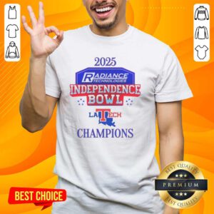 Official Louisiana Tech Bulldogs 2025 Independence Bowl Champions logo t-shirt featuring team colors and design.