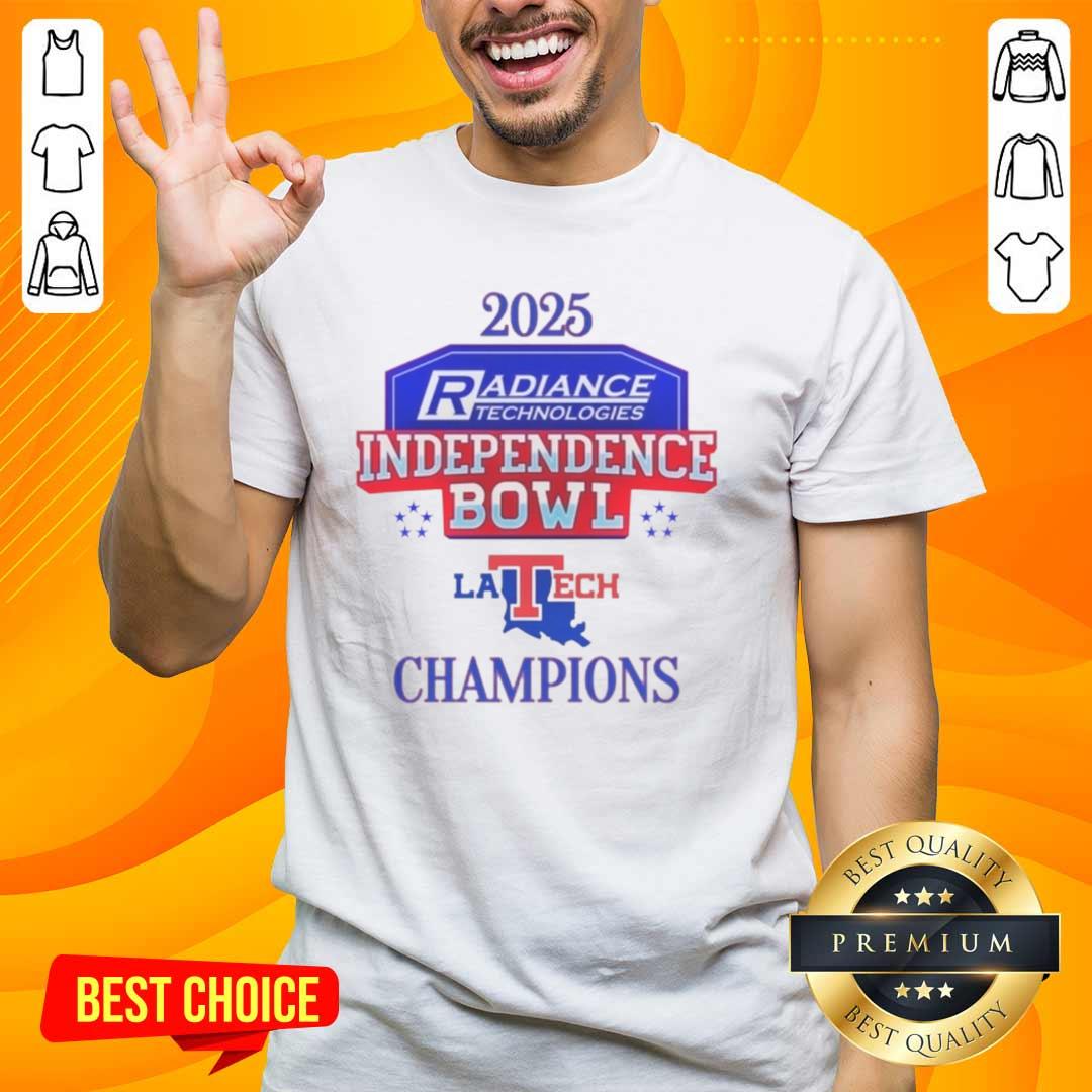 Official Louisiana Tech Bulldogs 2025 Independence Bowl Champions logo t-shirt featuring team colors and design.