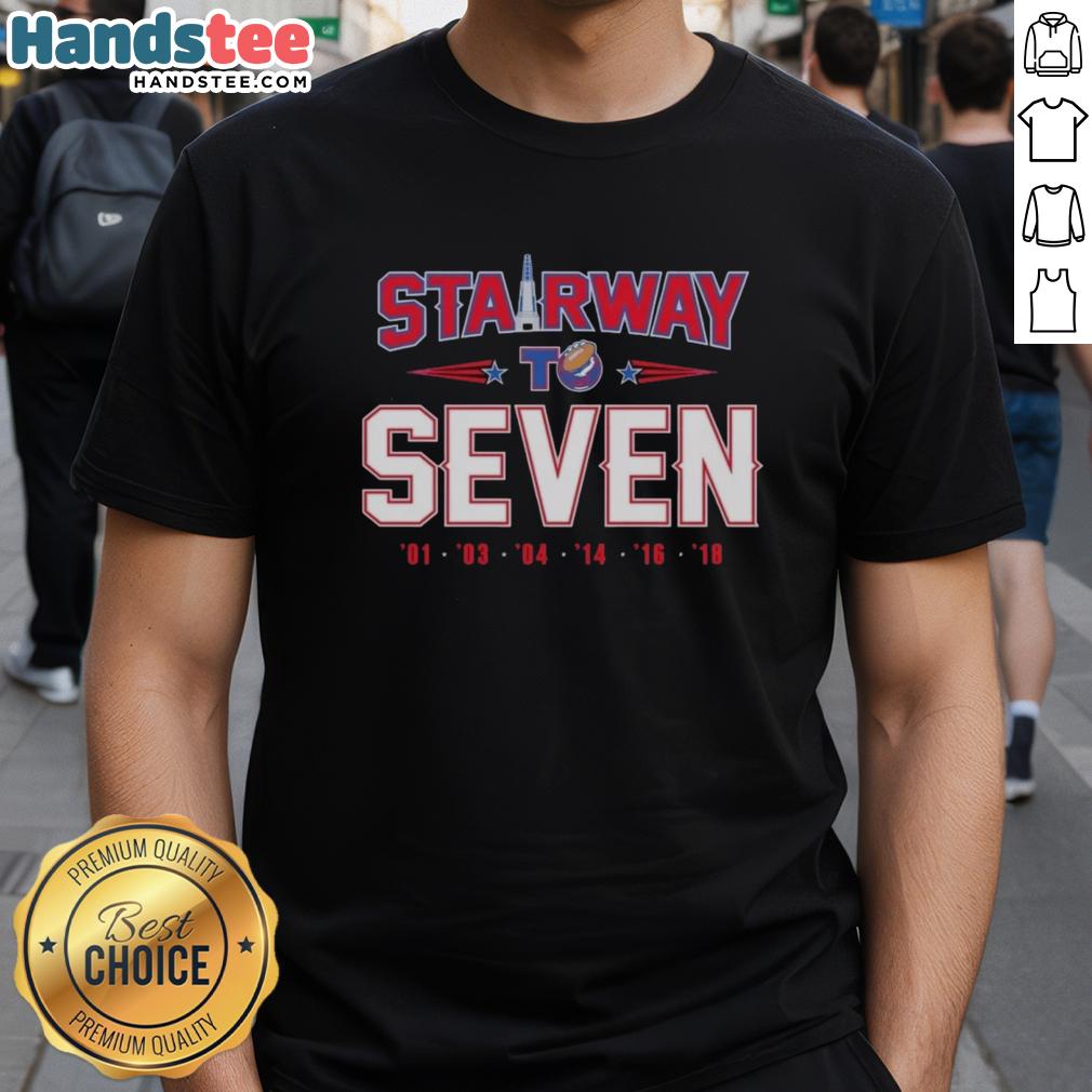 Alt Text: Official New England Patriots Mission Stairway To Seven T-Shirt featuring team colors and logo, perfect for fans.