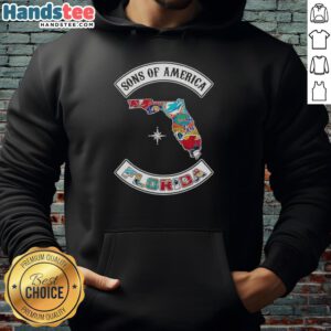 Alt Text: Official Son of America Florida Map Sports Logos Combine Hoodie featuring vibrant graphics and a stylish design.