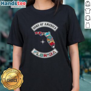 Official Son of America Florida Map Sports Logos Combine Ladies Tee featuring vibrant state map and team logos.