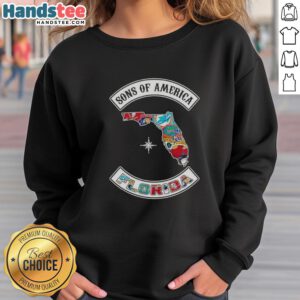 Alt Text: Official Son of America sweatshirt featuring Florida map and sports logos, perfect for fans and casual wear.