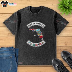 Official Son of America Florida Map Sports Logos Combine Washed T-Shirt featuring vibrant graphics and comfortable fit.