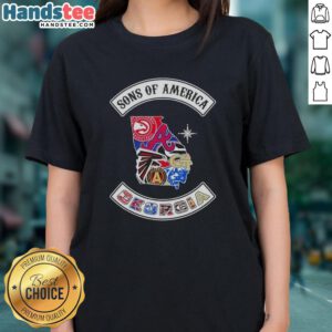 Official Son of America Georgia map with sports logos on a ladies tee, perfect for fans and casual wear.