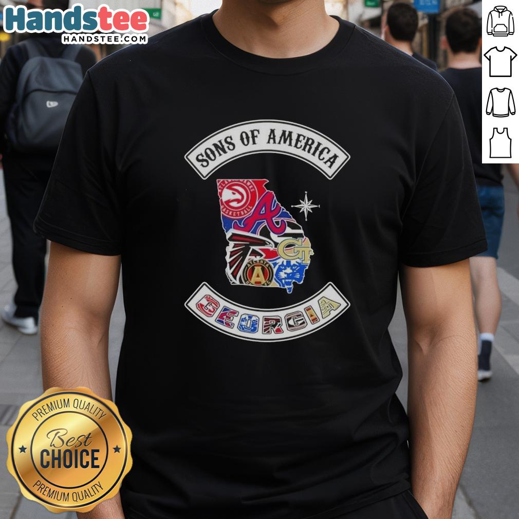 Official Son Of America Georgia Map T-Shirt featuring sports logos, perfect for fans and Georgia pride enthusiasts.
