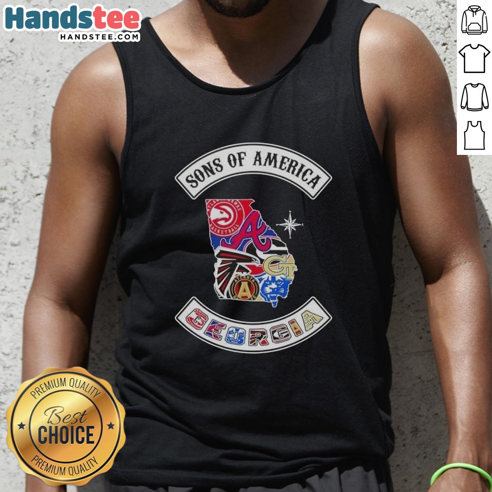 Alt Text: Official Son of America Georgia map tank top featuring sports logos, perfect for fans and summer style.