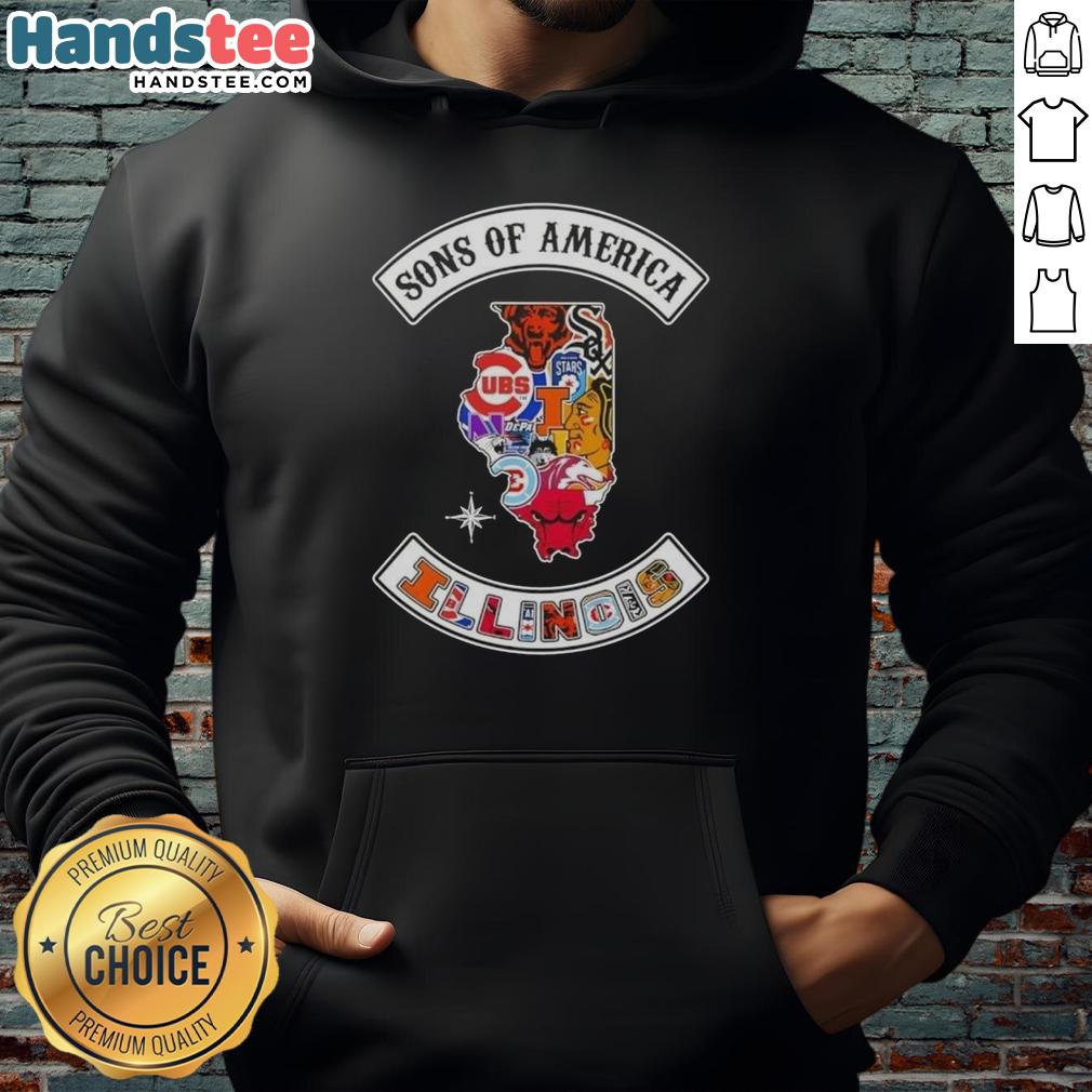 Alt Text: Official Son of America Illinois Map Sports Logos Combine Hoodie featuring vibrant graphics and a stylish design.