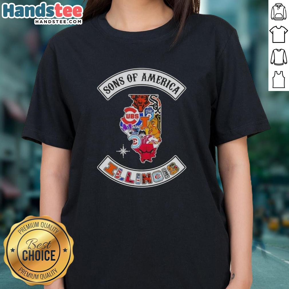 Alt Text: Illinois map featuring sports logos on a ladies tee, Official Son of America design for fans and sports enthusiasts.