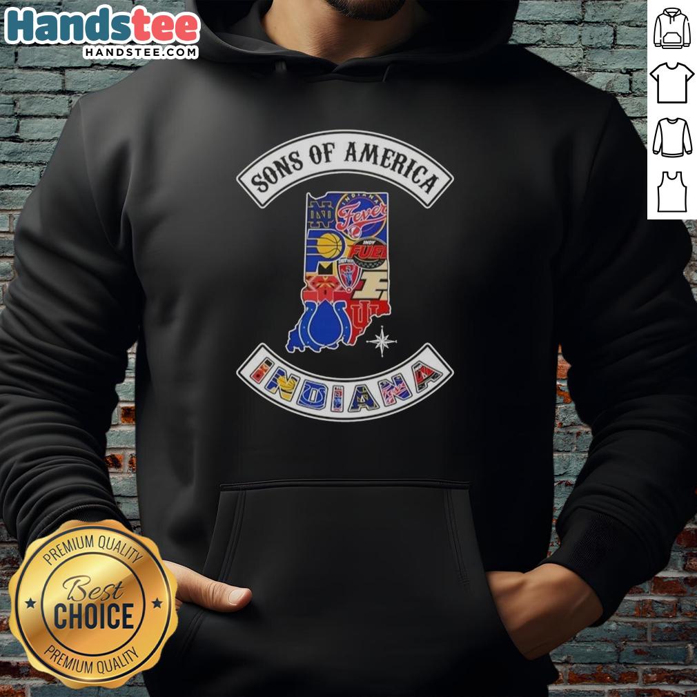 Alt Text: Official Son of America Indiana Map Sports Logos Combine Hoodie featuring vibrant graphics and a stylish design.