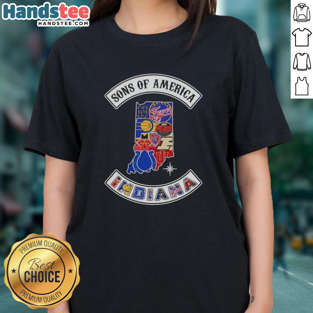 Official Son of America Indiana map with sports logos on a stylish ladies tee for fans and sports enthusiasts.