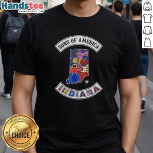 Official Son Of America Indiana Map T-Shirt featuring sports logos, perfect for fans and collectors of Indiana sports apparel.