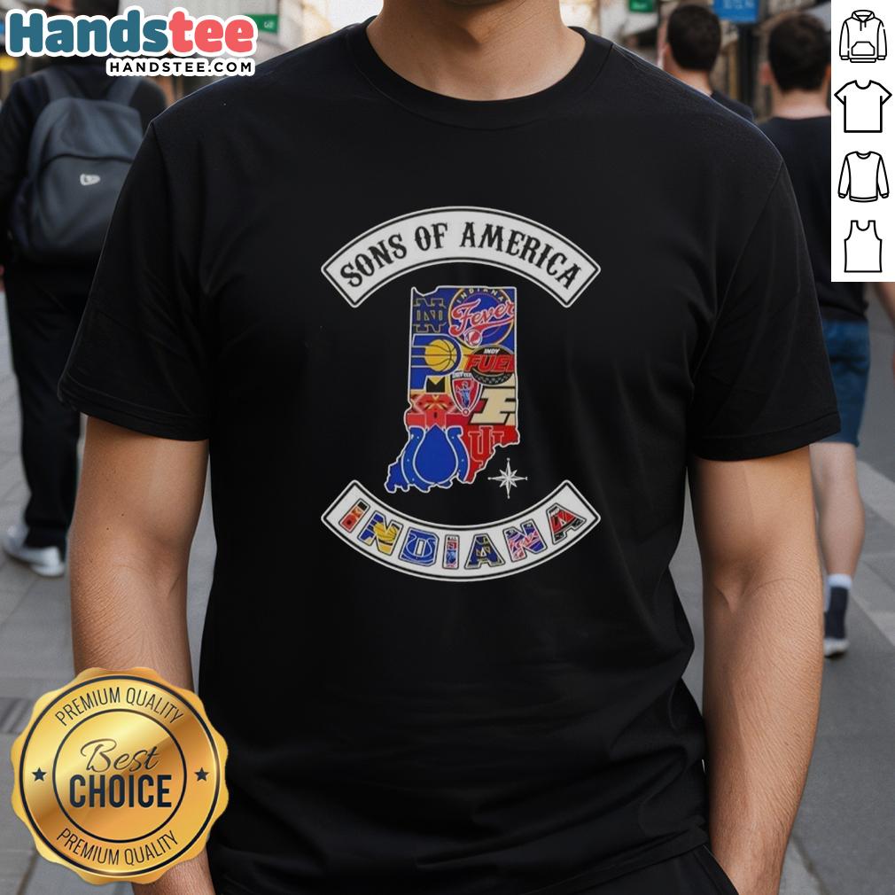 Official Son Of America Indiana Map T-Shirt featuring sports logos, perfect for fans and collectors of Indiana sports apparel.