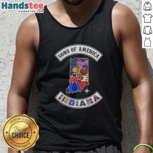 Official Son of America Indiana map tank top featuring sports logos, perfect for fans and casual wear.