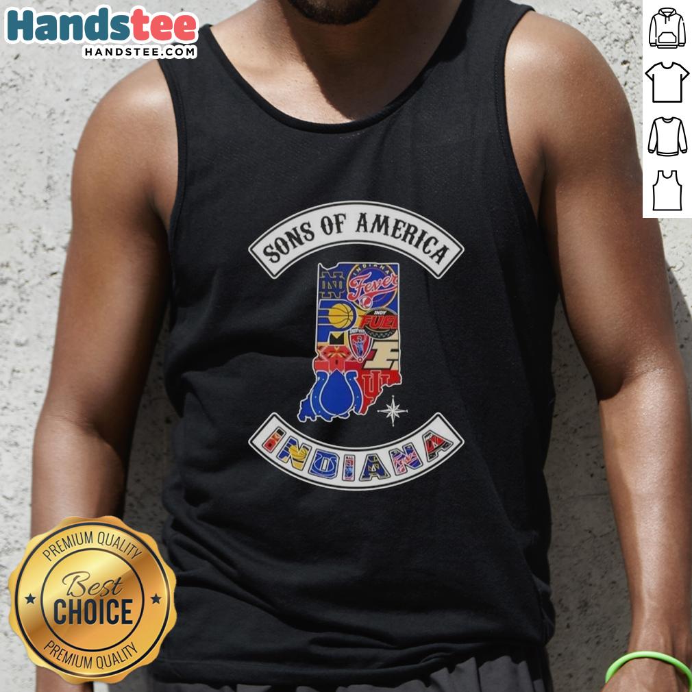 Official Son of America Indiana map tank top featuring sports logos, perfect for fans and casual wear.