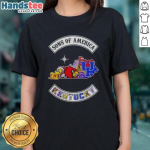 Official Son of America Kentucky map sports logos combine ladies tee showcasing vibrant graphics and state pride.