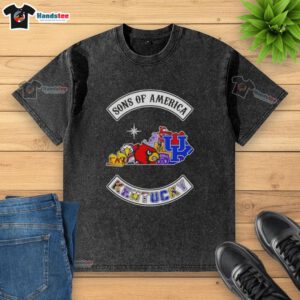 Official Son of America Kentucky Map Sports Logos Combine Washed T-Shirt featuring vibrant state-themed graphics.