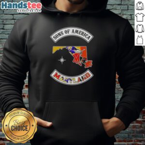 Alt Text: Official Son of America Maryland map sports logos combine hoodie showcasing unique athletic graphics and designs.