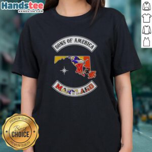 Official Son of America Maryland map sports logos combine ladies tee showcasing unique state pride and athletic spirit.