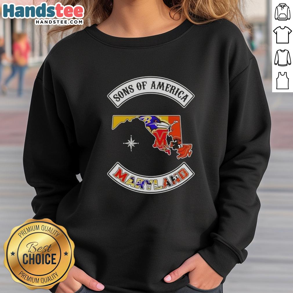 Official Son of America Maryland Map Sports Logos Combine Sweatshirt showcasing vibrant logos and state map design.