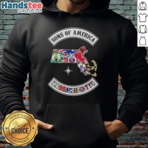Official Son of America Massachusetts map hoodie featuring sports logos, perfect for fans and casual wear.