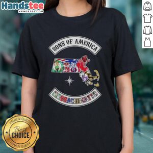 Alt Text: Official Son of America Massachusetts map with sports logos on a ladies tee shirt, showcasing local pride.